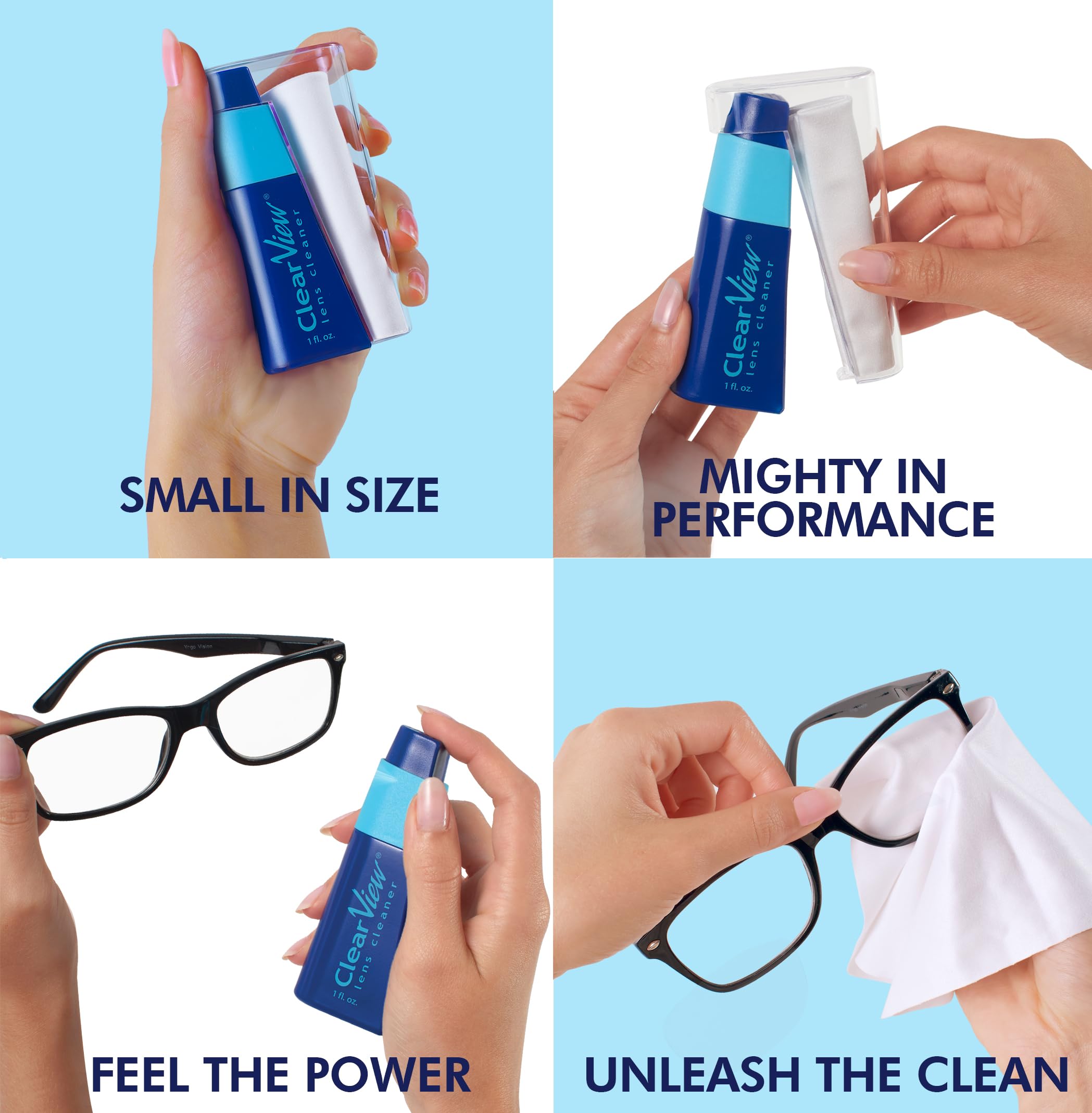 Clear View microfiber cloth—streak-free cleaning for crystal-clear lenses.