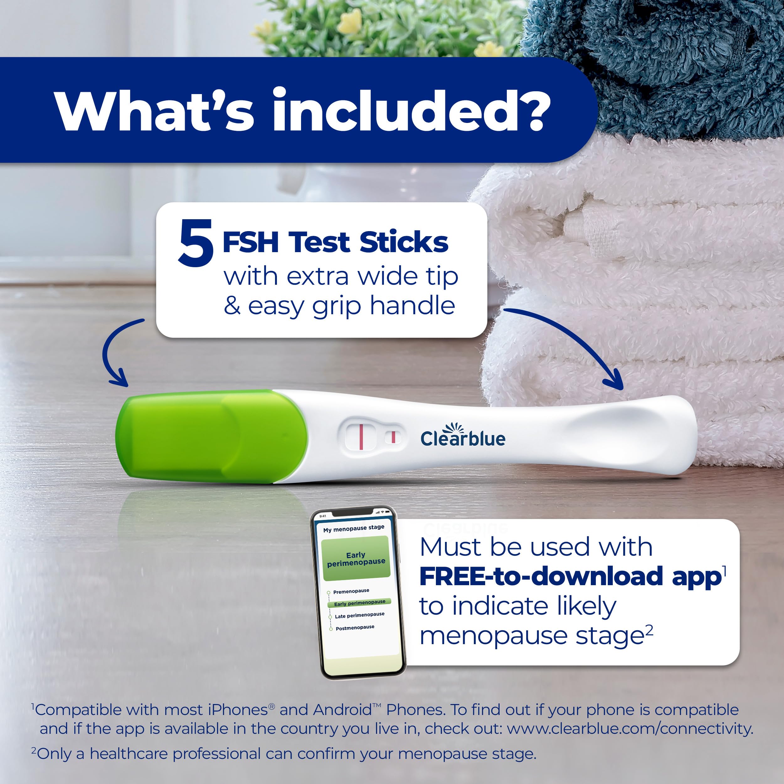 Clearblue app interface displaying menopause stage results and tracking features.