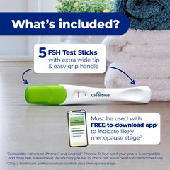 Clearblue app interface displaying menopause stage results and tracking features.