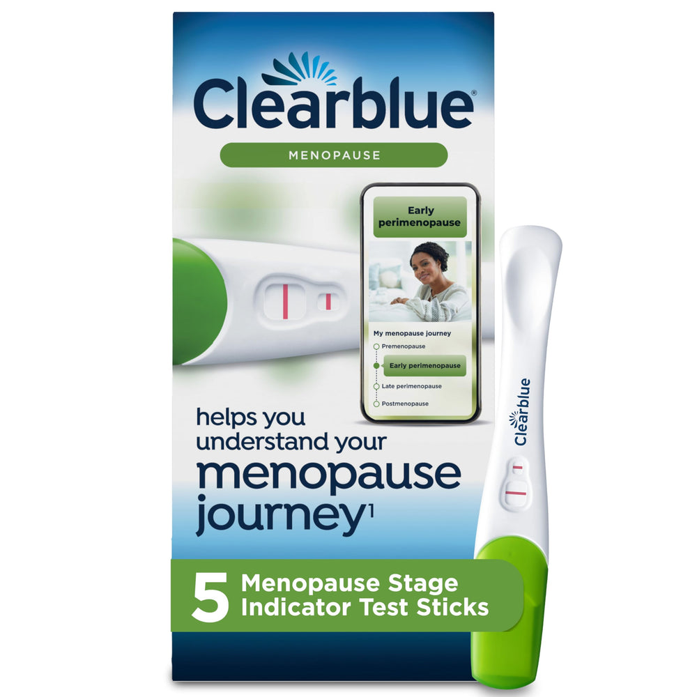 Clearblue menopause stage indicator kit showing five FSH sticks for stage insights.