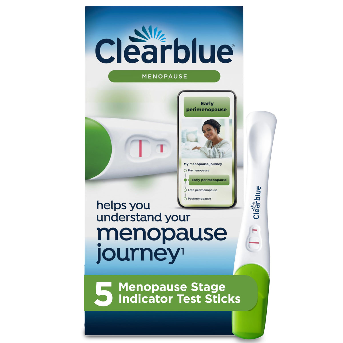 Clearblue menopause stage indicator kit showing five FSH sticks for stage insights.