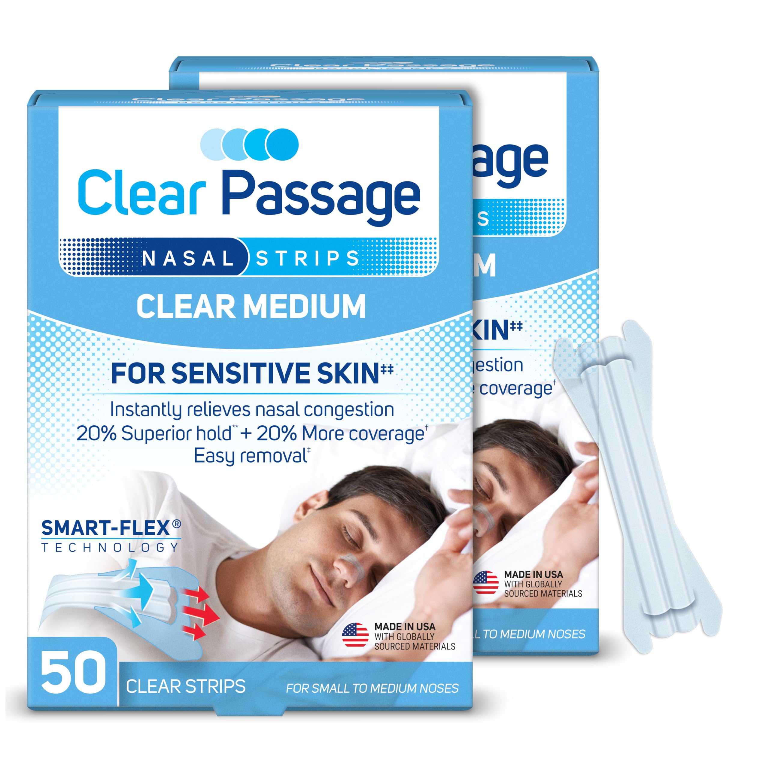 Clear Passage nasal strip bridge provides instant breathing relief during sleep