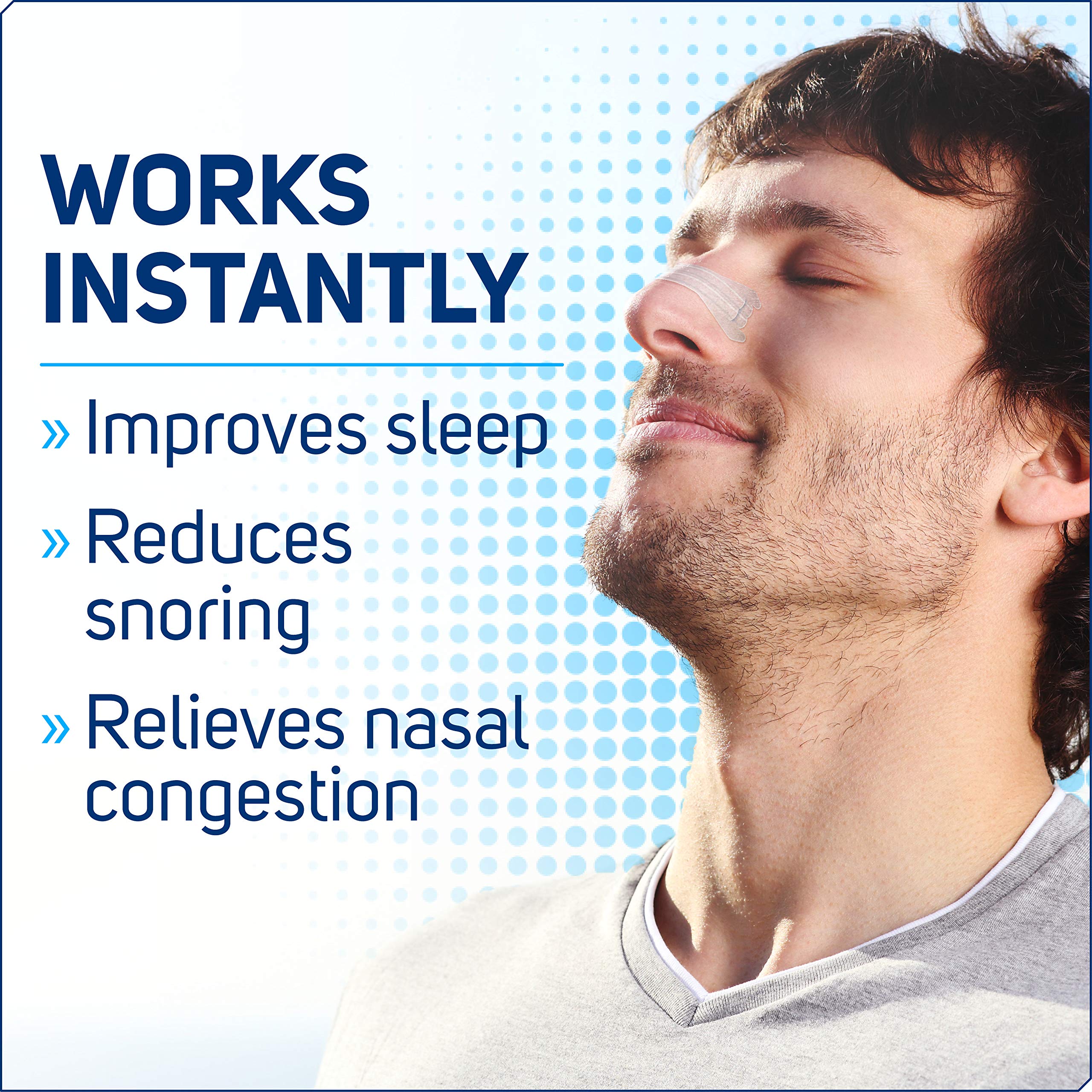 Clear Passage nasal strip on nose shows quick congestion relief for restful nights