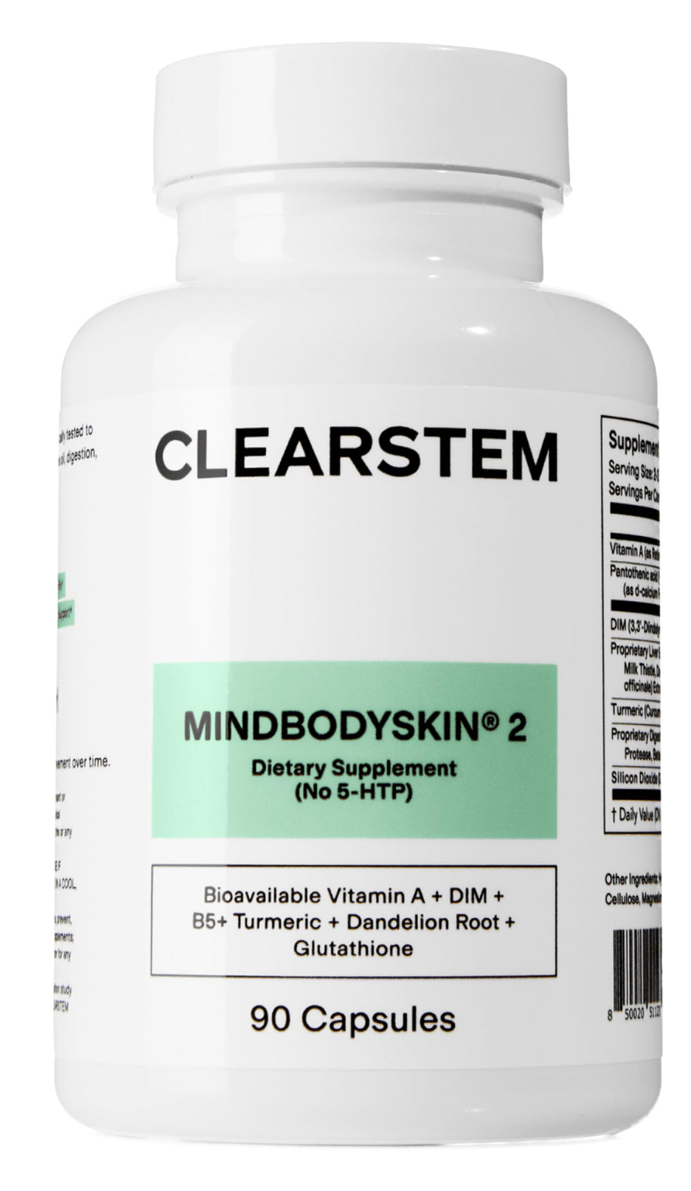 CLEARSTEM MindBodySkin hormonal acne supplement bottle showing daily skin support.