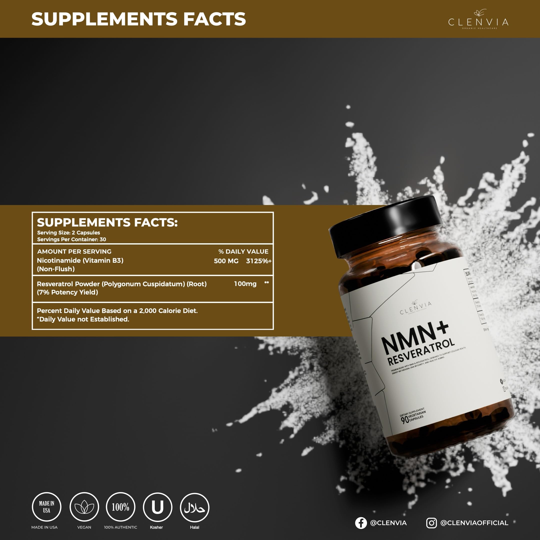 CLENVIA NMN Resveratrol label highlights purity and ingredients