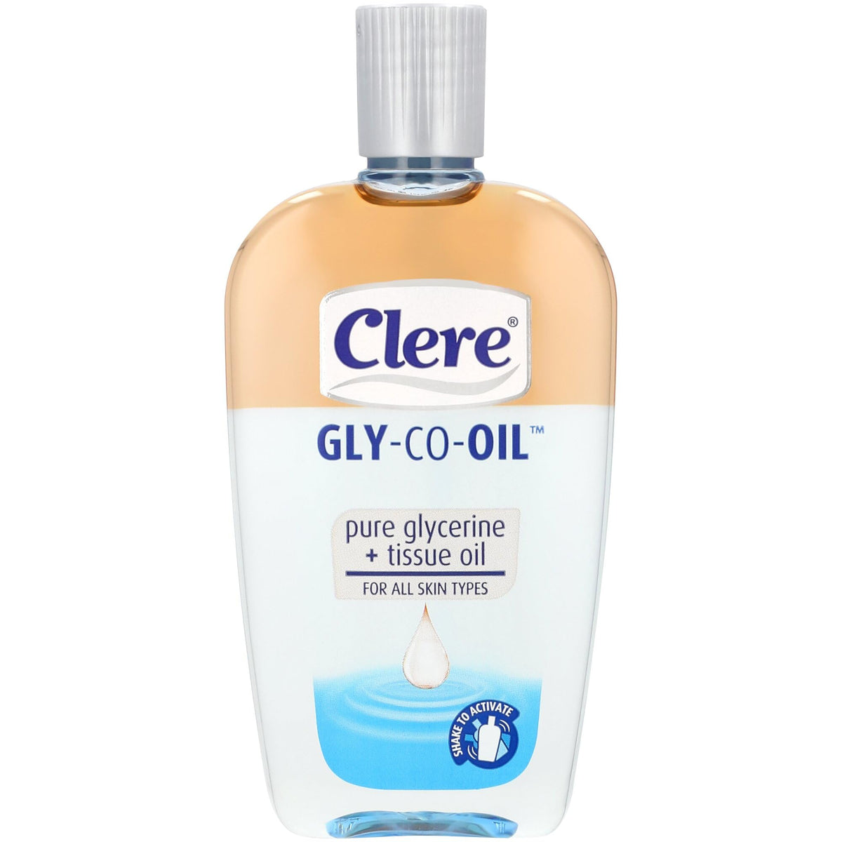 CLERE Gly-Co-Oil bottle being poured for lasting hydration and smooth skin.
