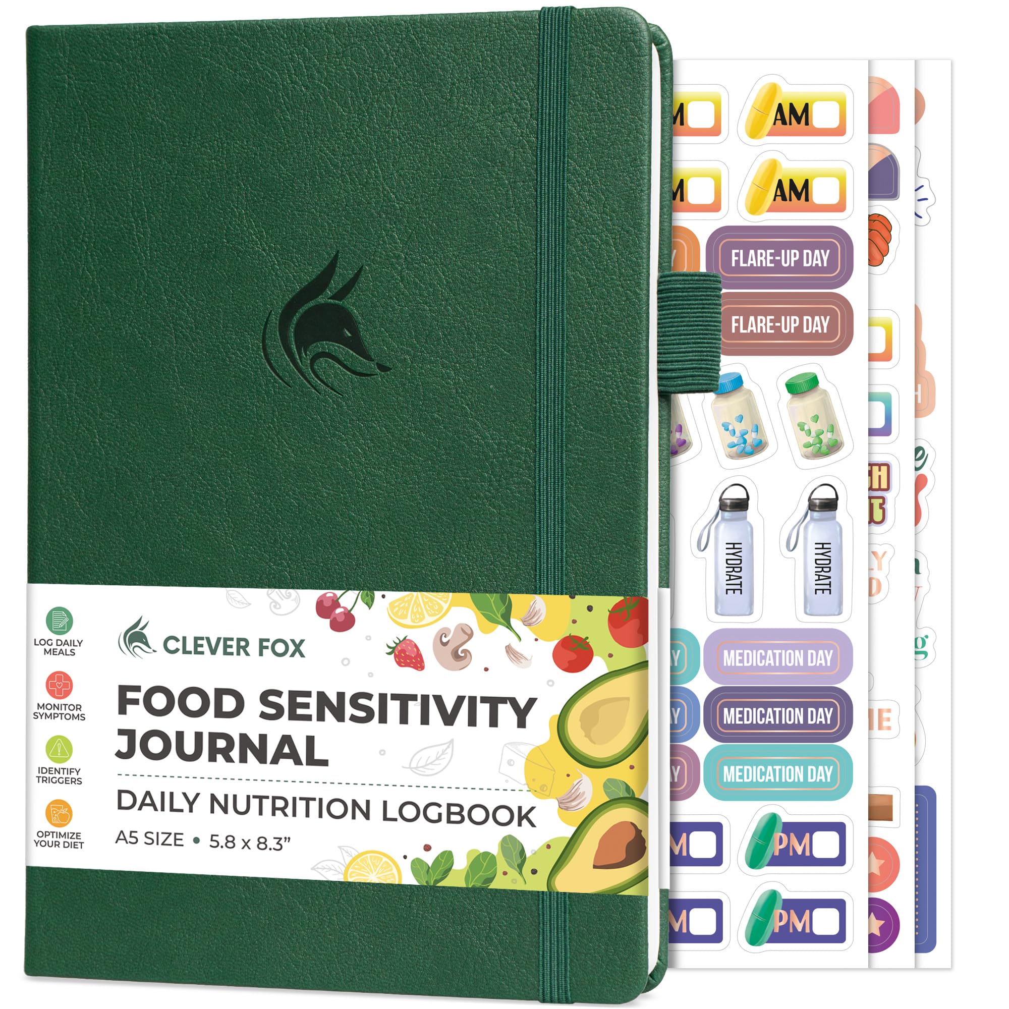 Clever Fox Food Sensitivity Journal cover in forest green for durable daily use