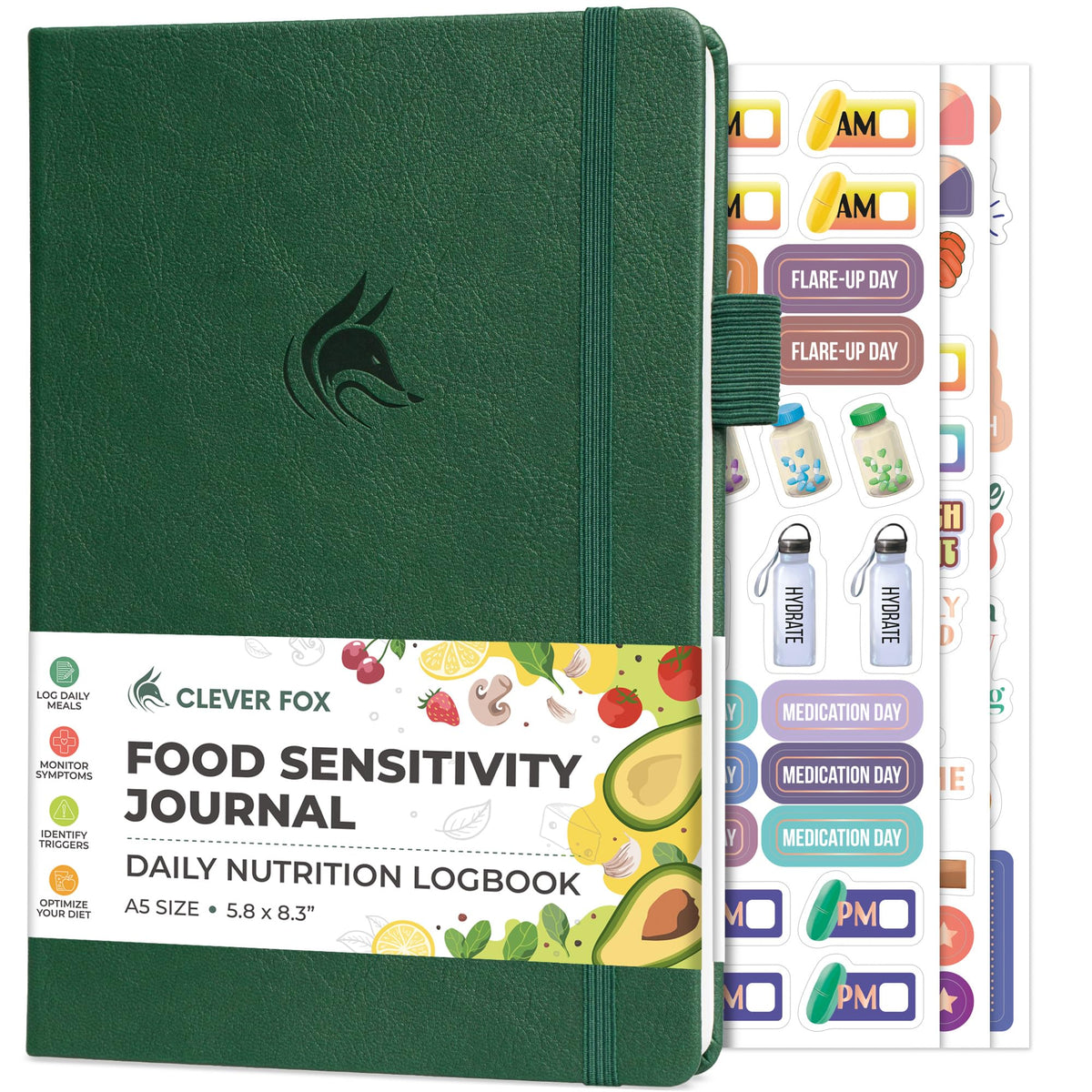 Clever Fox Food Sensitivity Journal cover in forest green for durable daily use