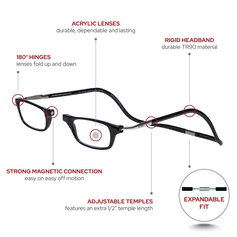Clic adjustable temple length provides a personalized, comfortable fit.