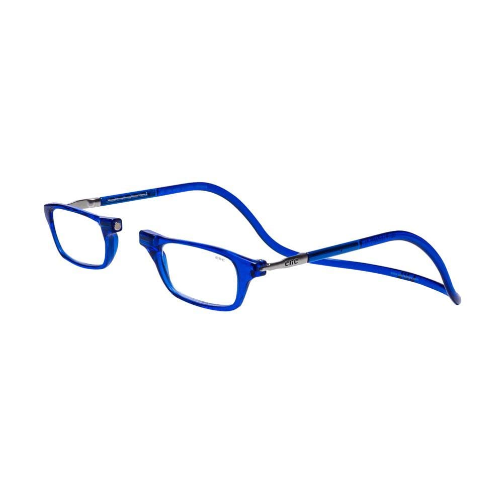 Clic Adjustable Front Connect Reader with blue frame featuring a front magnet connection for quick access.