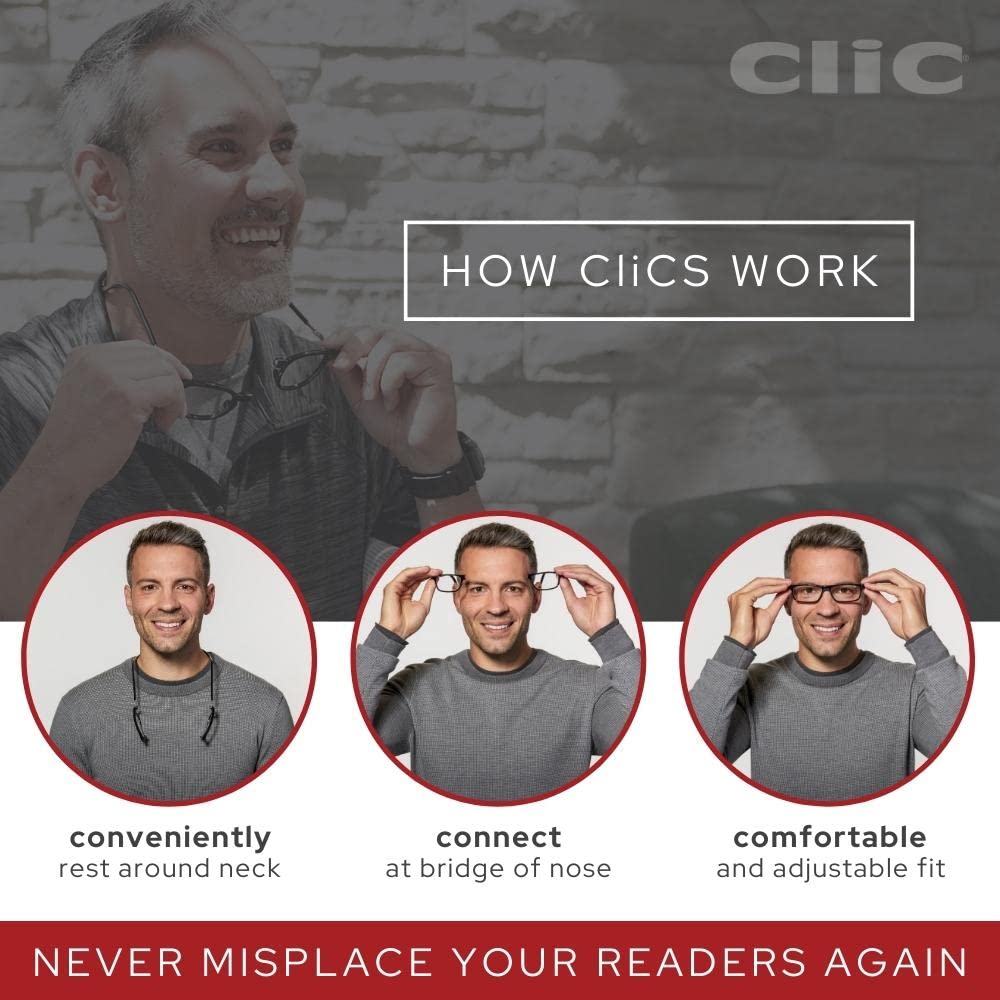 Clic magnetic reading glasses around the neck demonstrate hands-free storage.