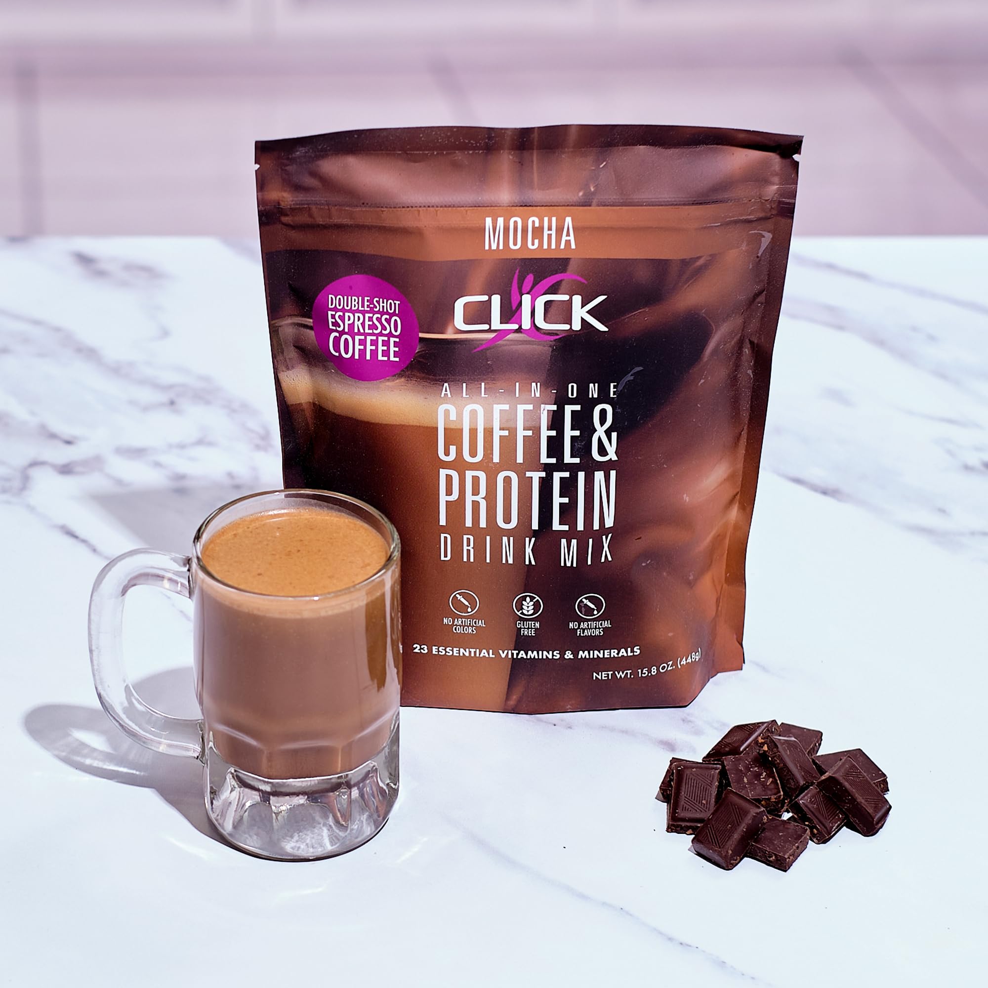 Two servings of Click Coffee Protein with fat-free milk reaching 28g protein