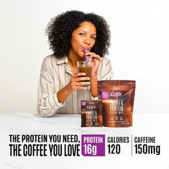 Mocha beverage of Click Coffee Protein with foam for coffeehouse vibes