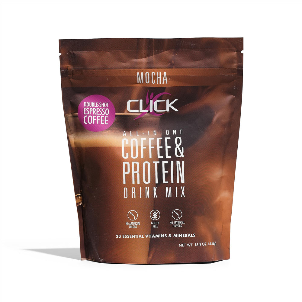 Click Coffee Protein bottle close-up with mocha flavor and vitamin blend for daily nutrition
