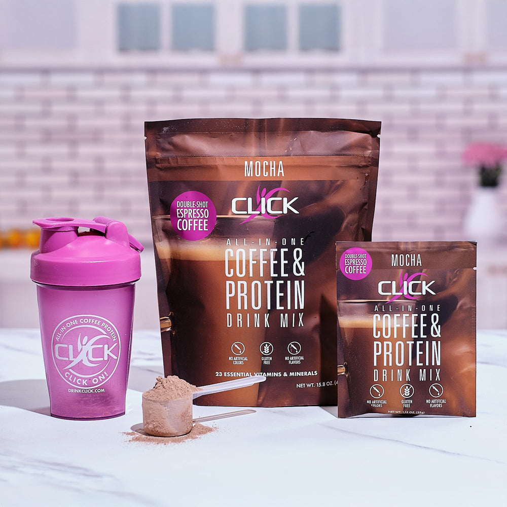 Mocha latte-style Click Coffee Protein with steam