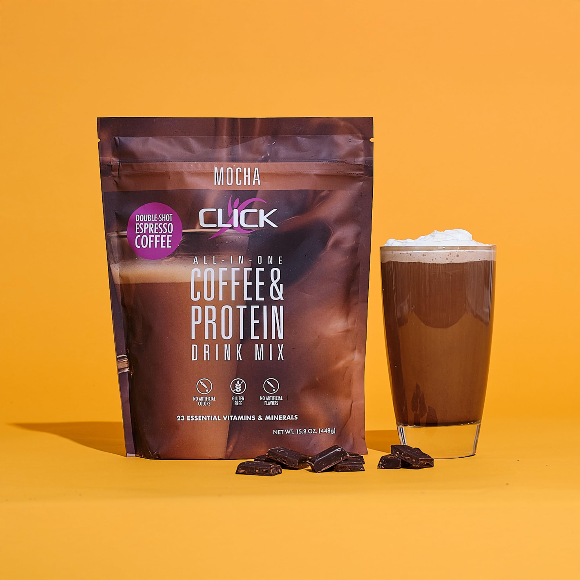 Morning desk setup featuring Click Coffee Protein bottle
