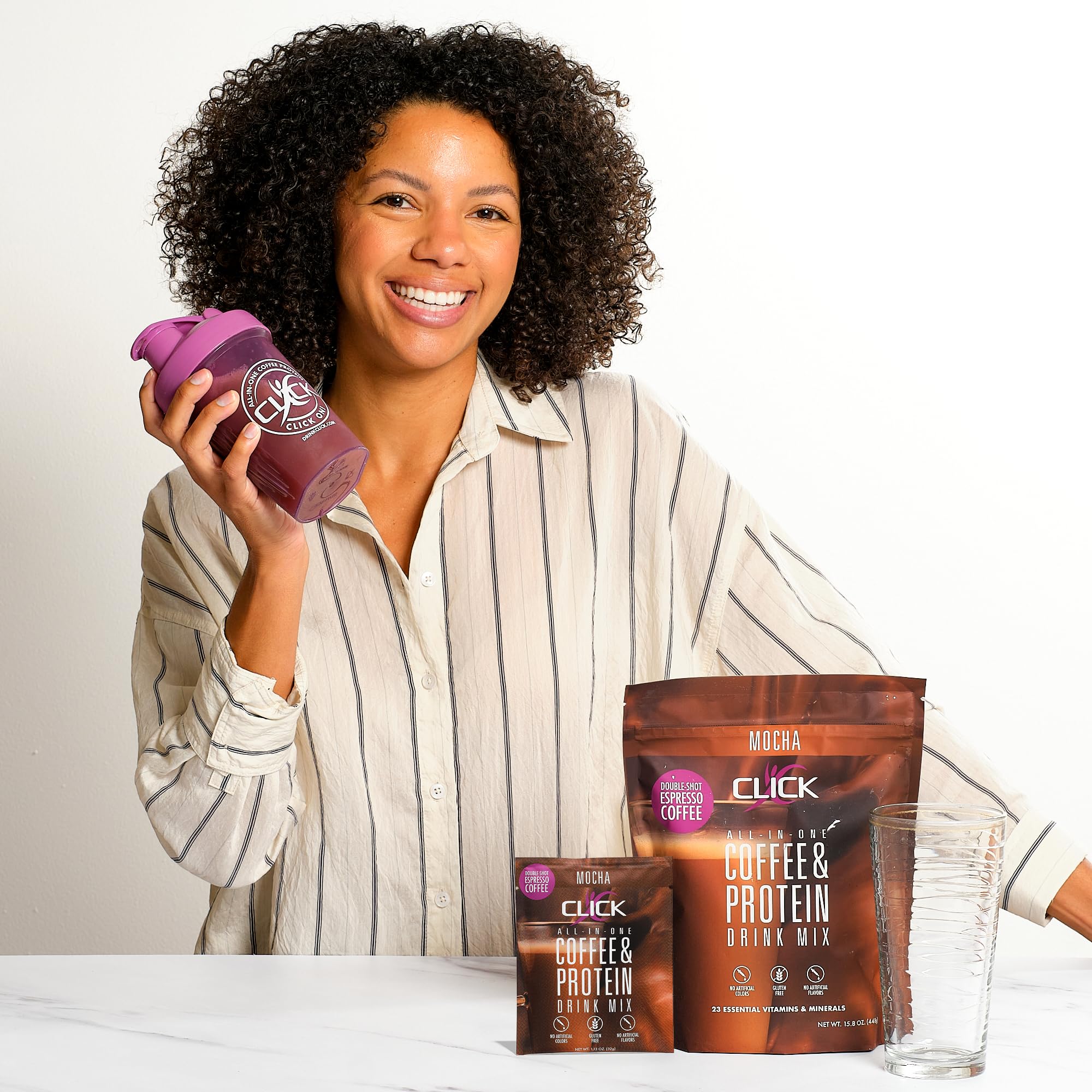 Nutrition label highlights 16g protein and 150mg caffeine per serving