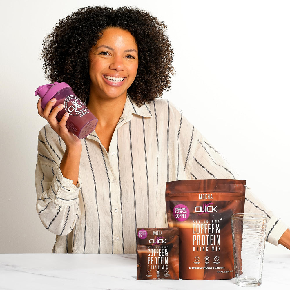 Nutrition label highlights 16g protein and 150mg caffeine per serving