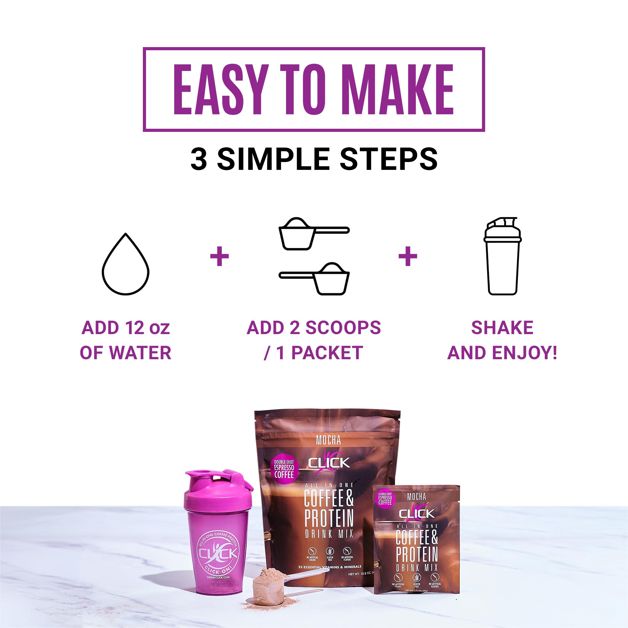 Pouring Click Coffee Protein into a glass to show hot or cold versatility