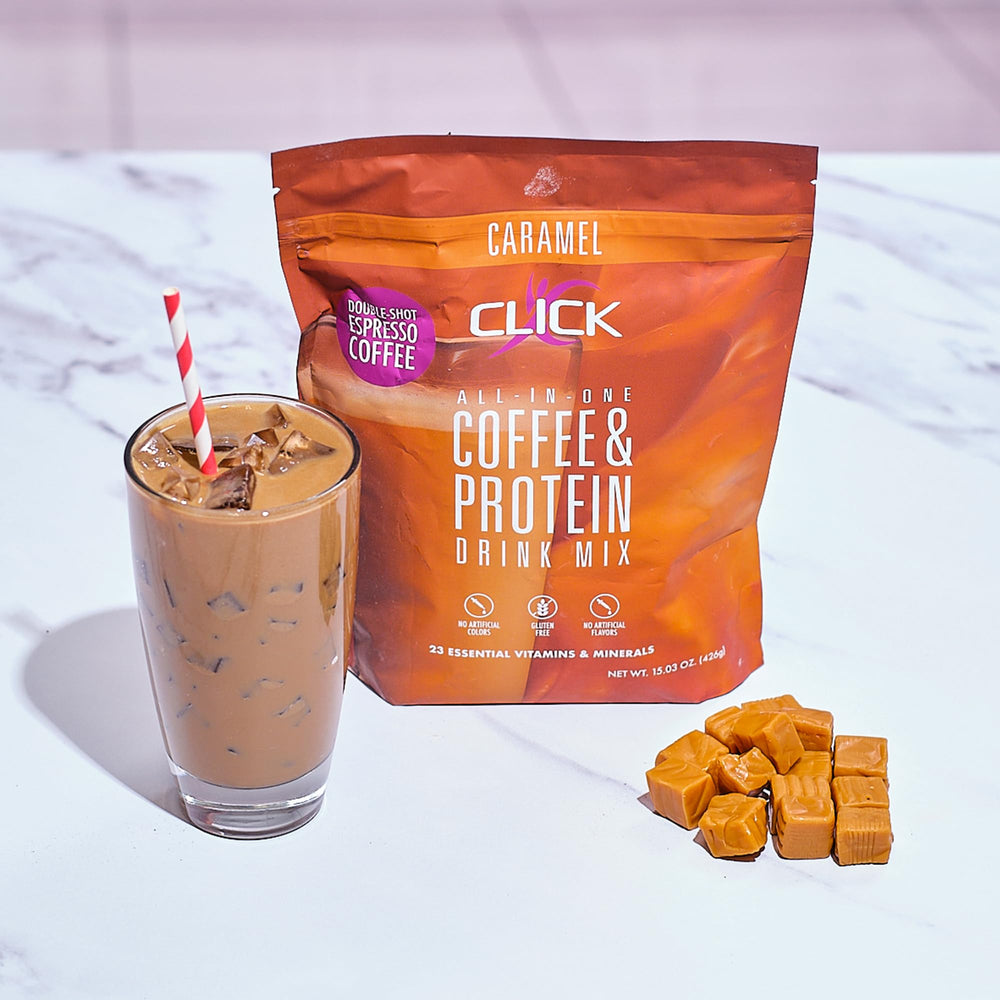 Click Coffee Protein Powder bottle on counter showing 150mg caffeine