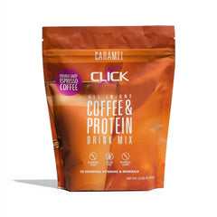 Click Coffee Protein Powder bottle showcasing caramel flavor and protein boost