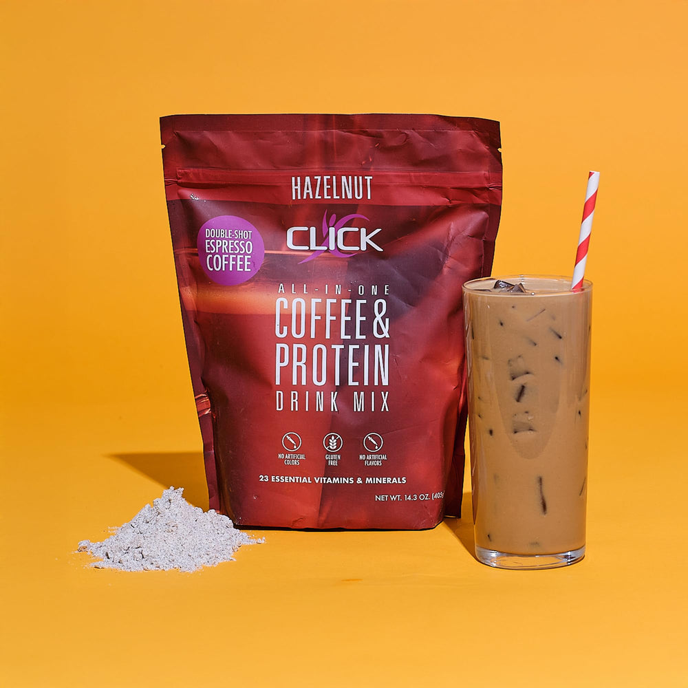 Gym bag scene with CLICK bottle implies on-the-go protein and energy.