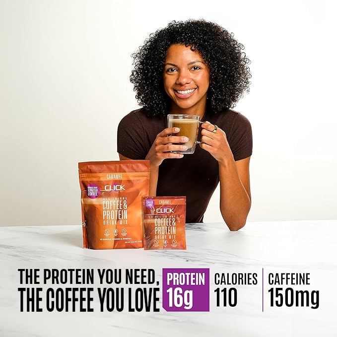 Click Coffee Protein Powder espresso shot with morning light