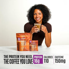 Click Coffee Protein Powder espresso shot with morning light