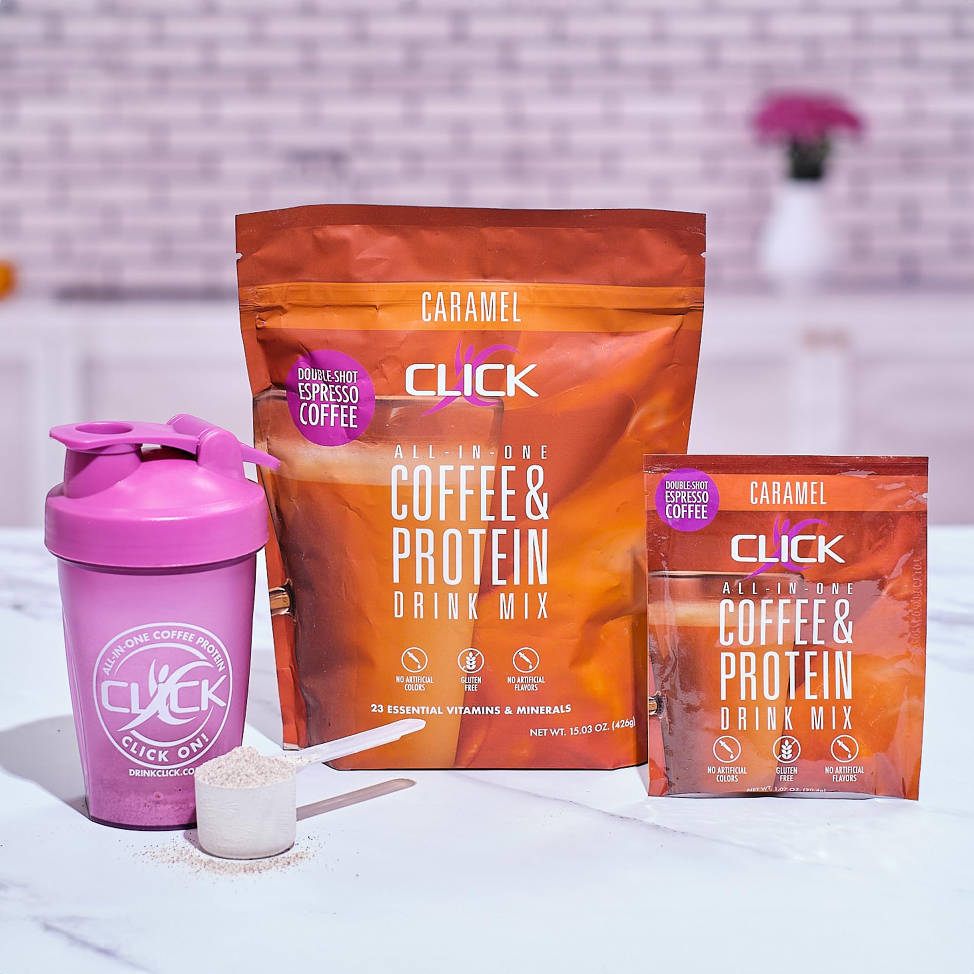 Click Coffee Protein Powder jar with gluten-free badge visible