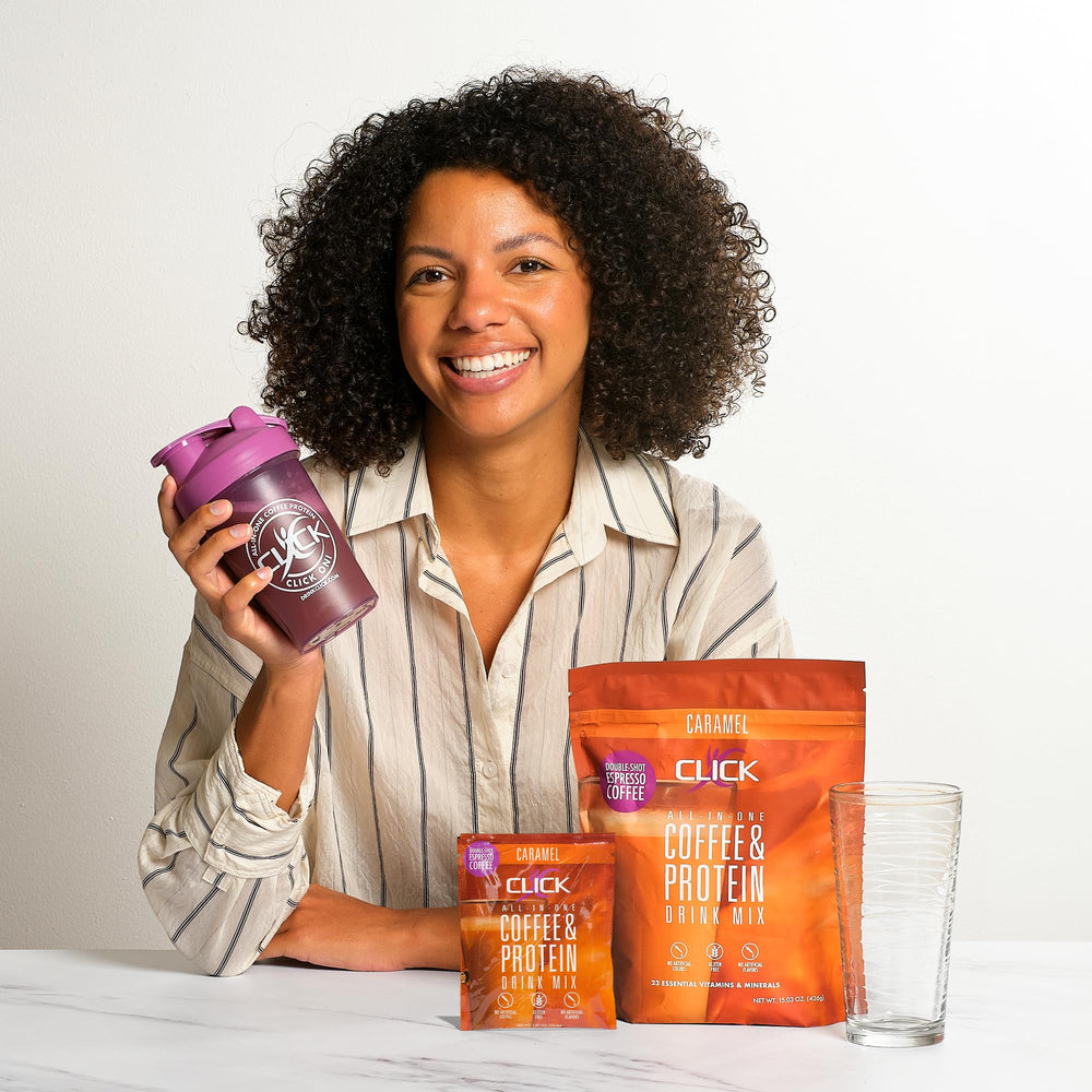 Click Coffee Protein Powder served over ice with caramel swirl