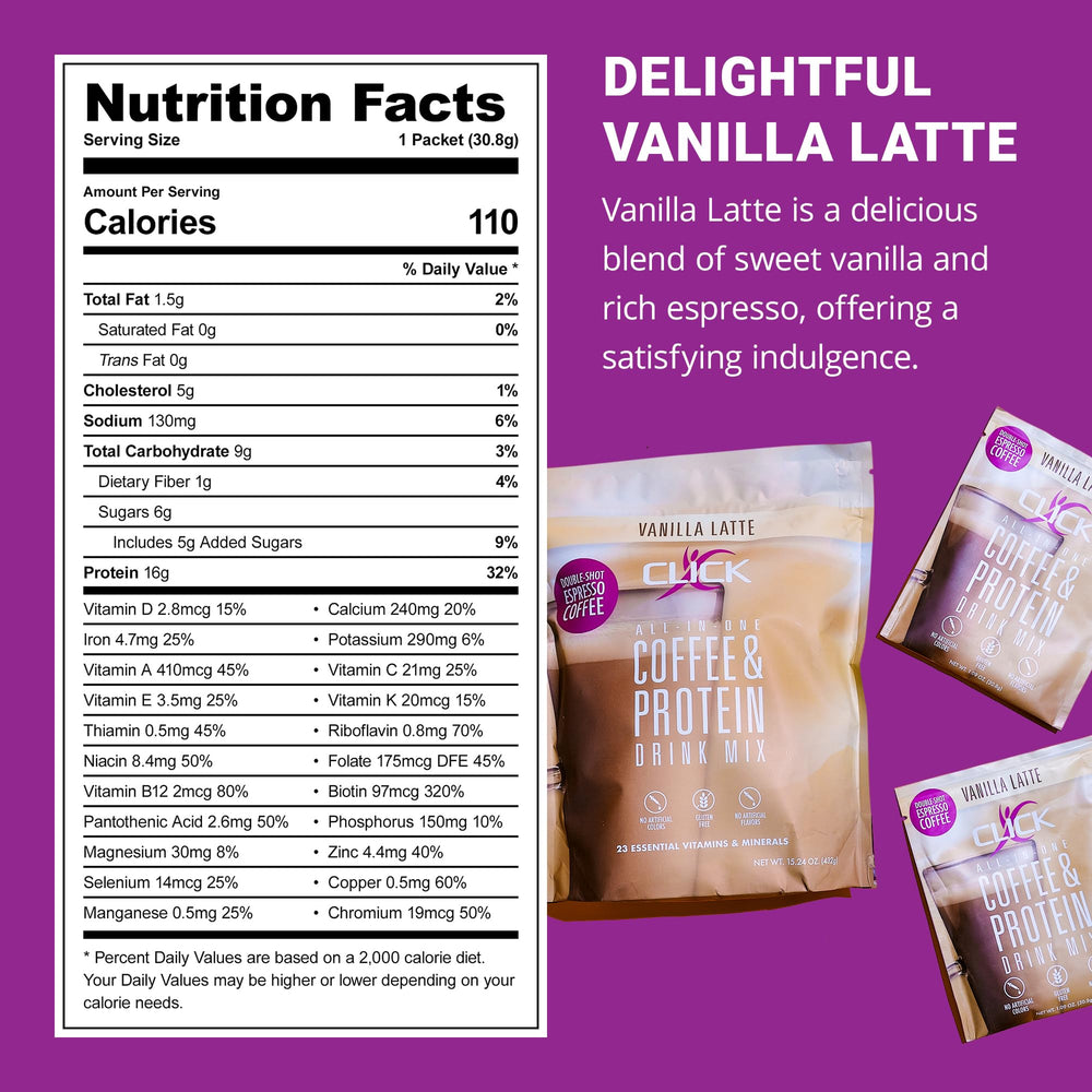 Click Coffee Protein Powder with ice indicates versatile cold or hot drinks