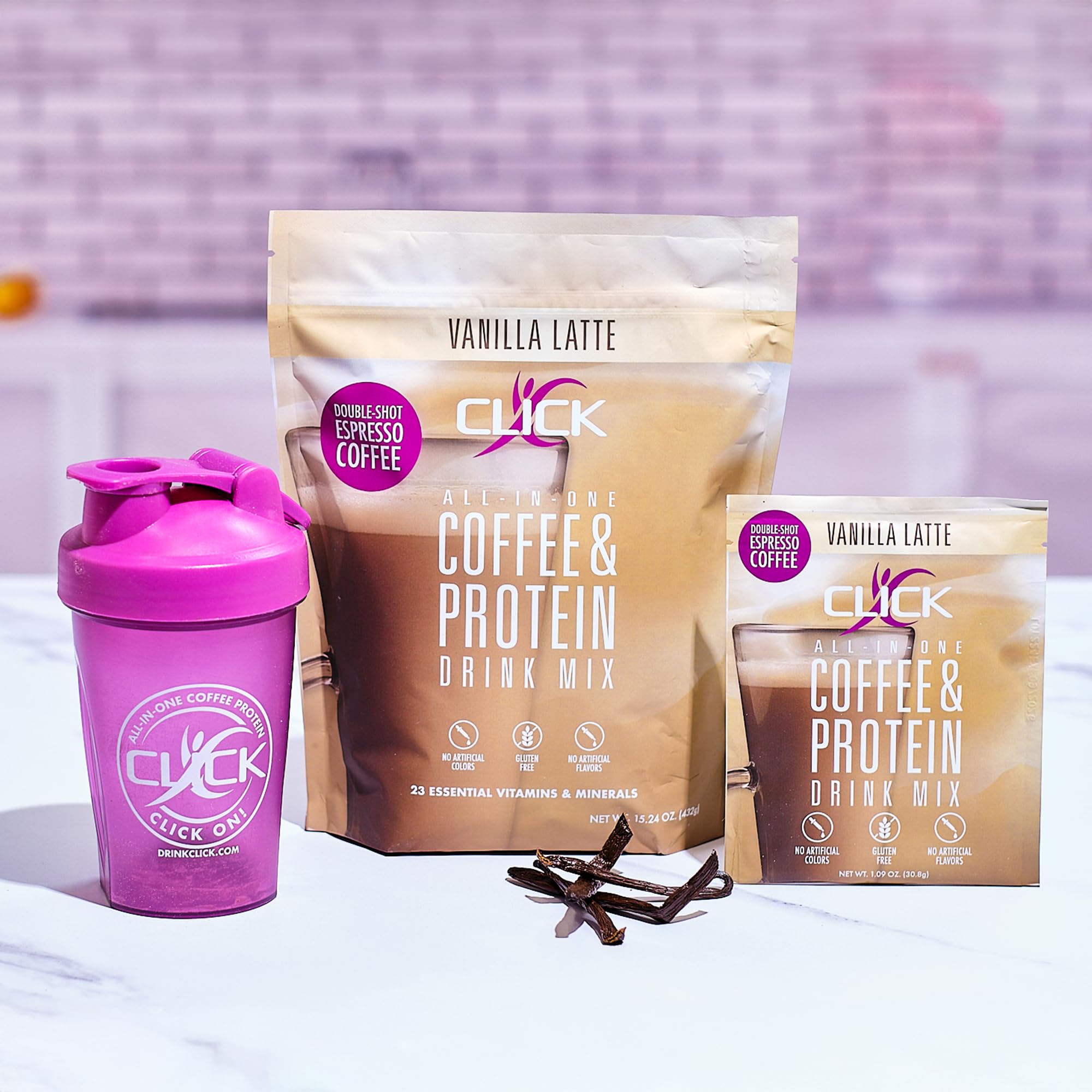Click Coffee Protein Powder with milk bottle suggests creamier texture and fullness