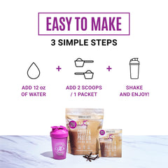 Click Coffee Protein Powder mixing glass shows meal replacement with vitamins
