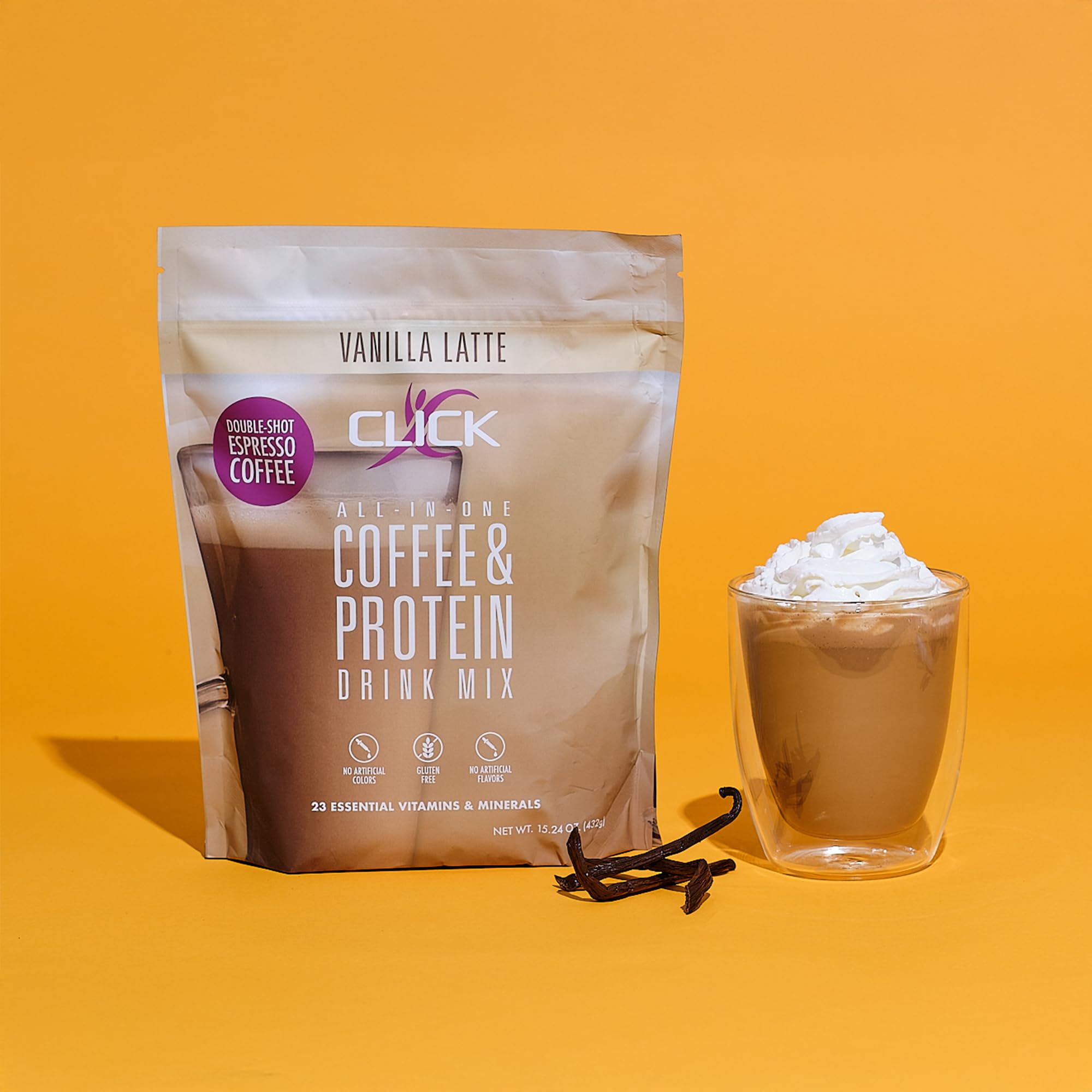 Click Coffee Protein Powder nutritional label close-up signals 23 vitamins