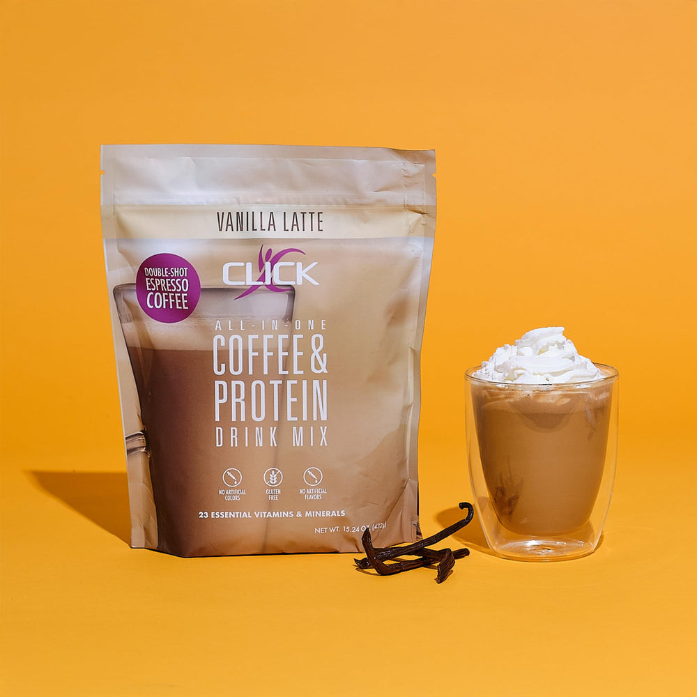Click Coffee Protein Powder nutritional label close-up signals 23 vitamins