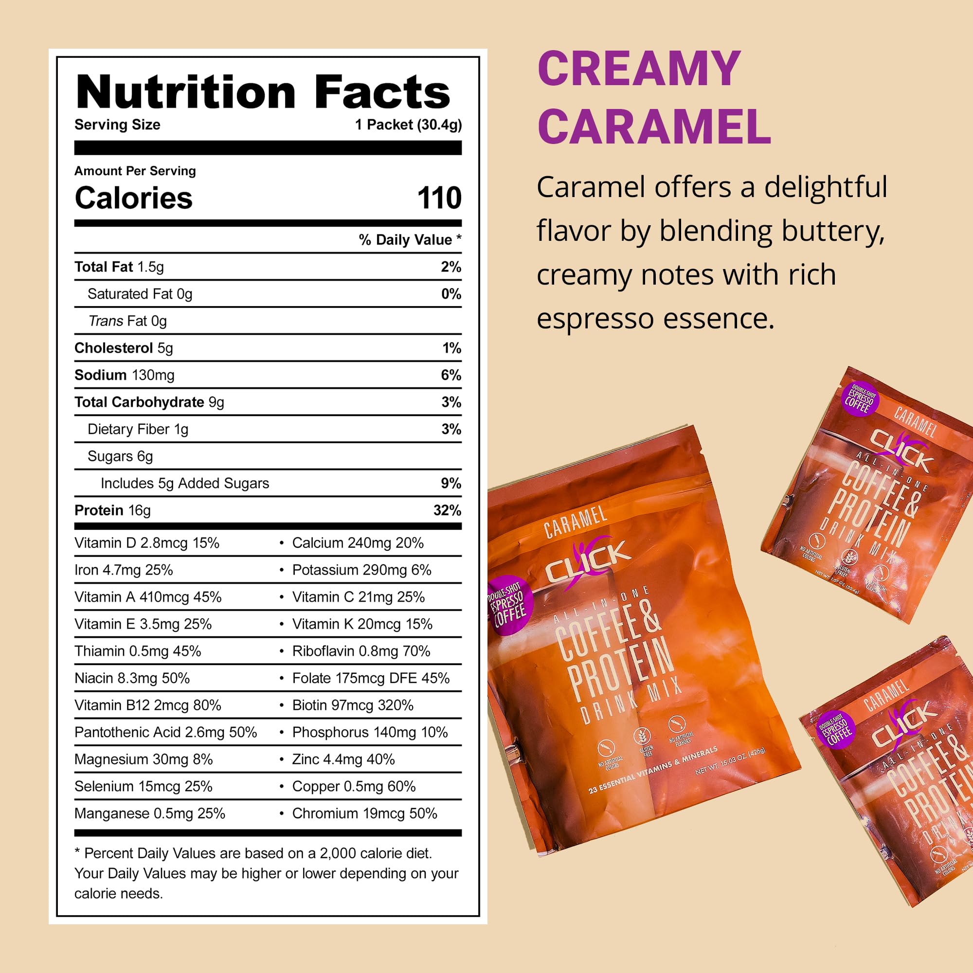 Click Coffee Protein Powder nutrition panel highlights protein and vitamins