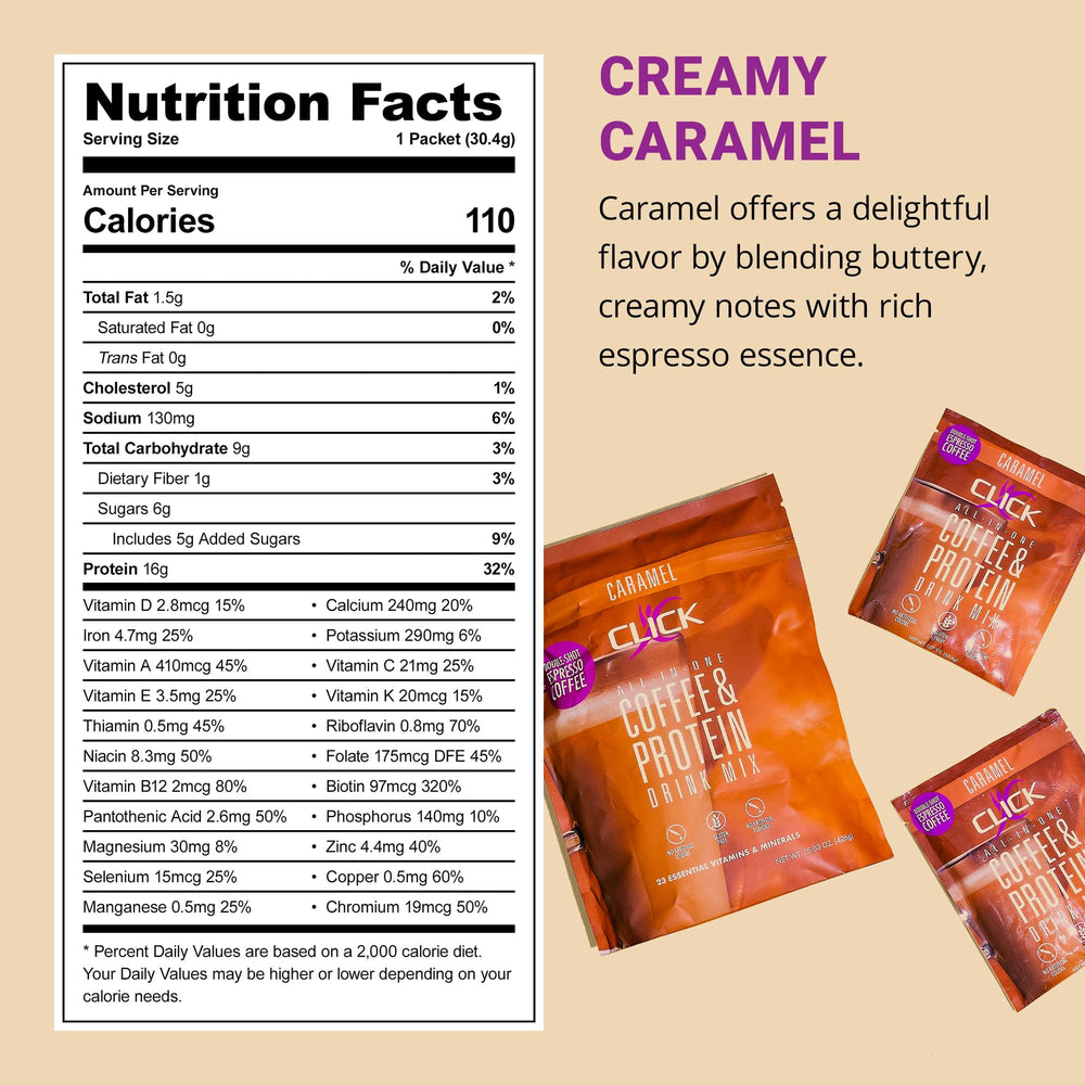 Click Coffee Protein Powder nutrition panel highlights protein and vitamins