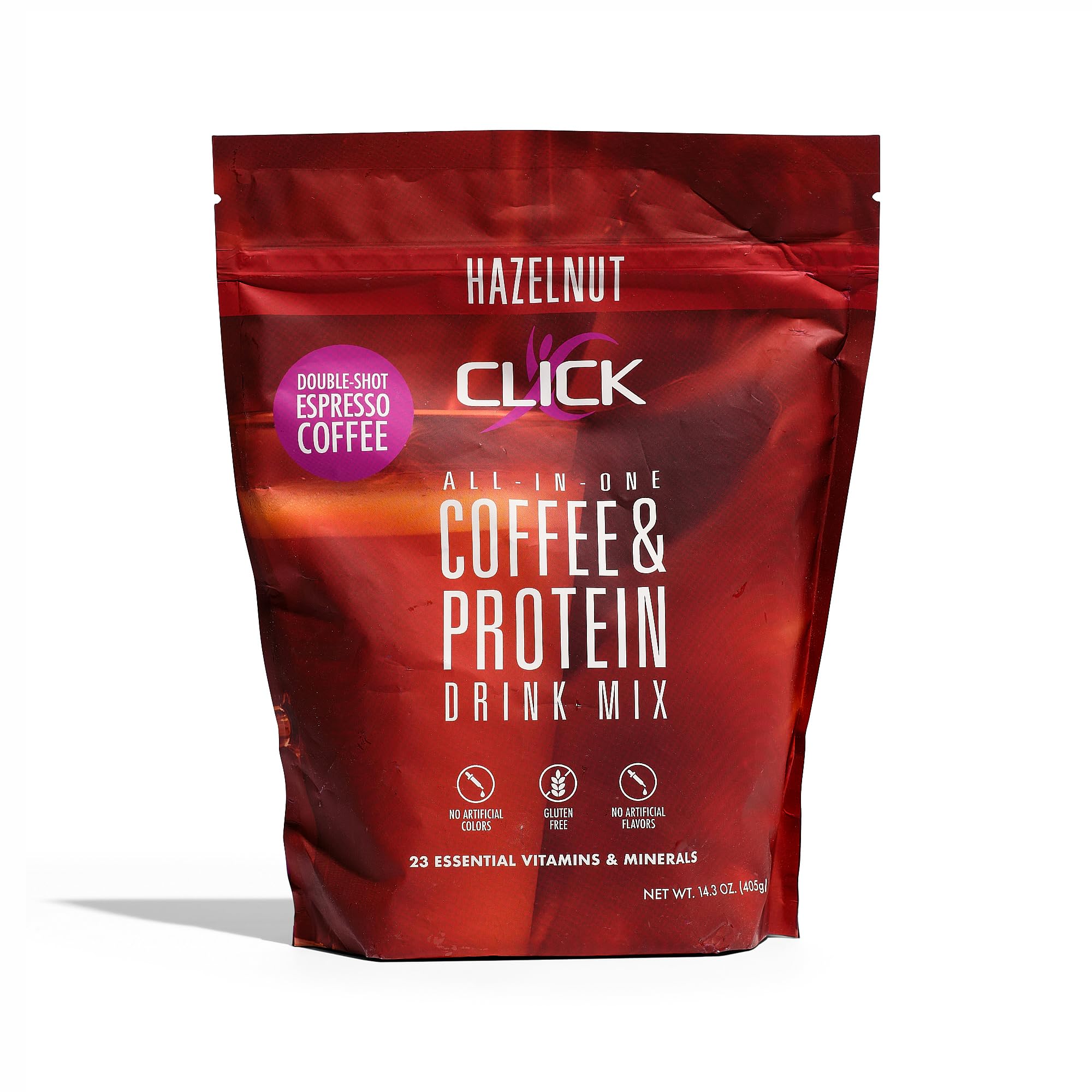 Click Coffee Protein Powder pouch front highlights hazelnut flavor for a tasty morning boost.