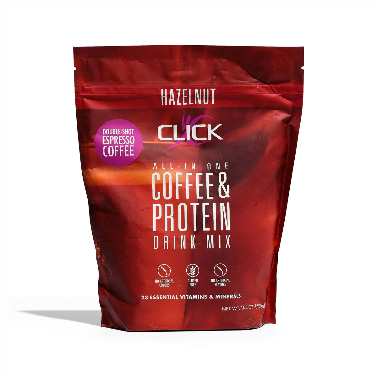 Click Coffee Protein Powder pouch front highlights hazelnut flavor for a tasty morning boost.
