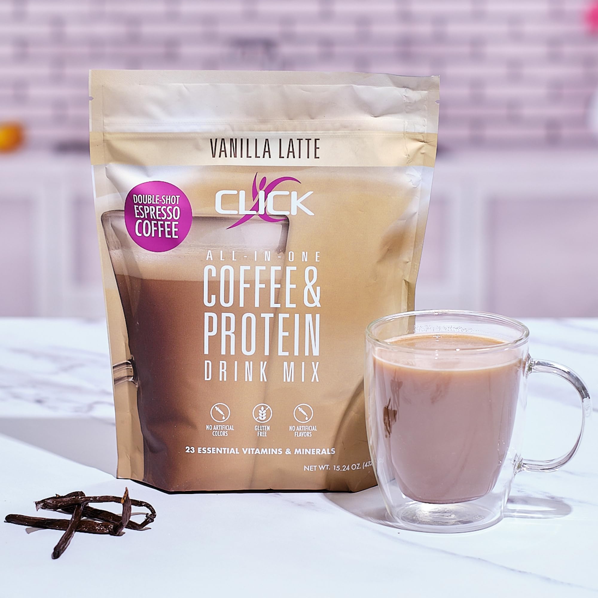 Click Coffee Protein Powder pour-over scene emphasizes caffeine and protein combo