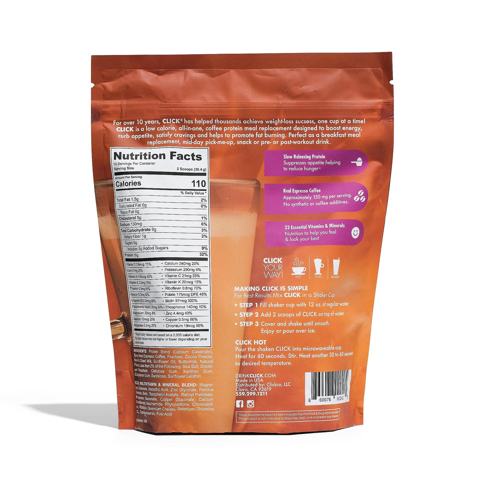 Click Coffee Protein Powder scoop beside glass with espresso aroma