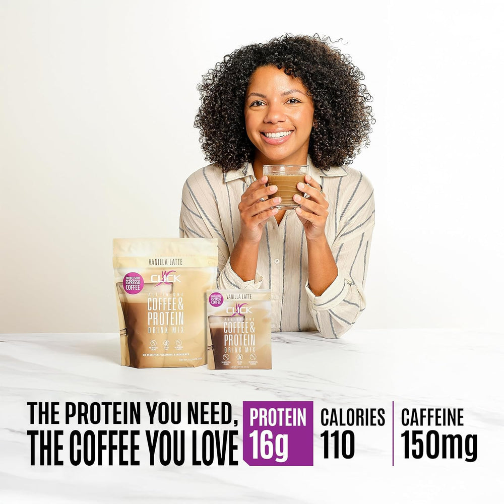 Click Coffee Protein Powder scoop illustrating quick 16g protein per serving
