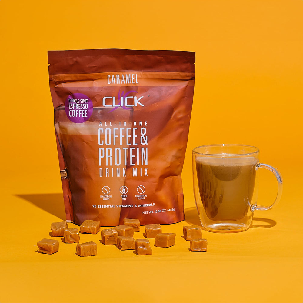 Click Coffee Protein Powder poured into shaker during a workout