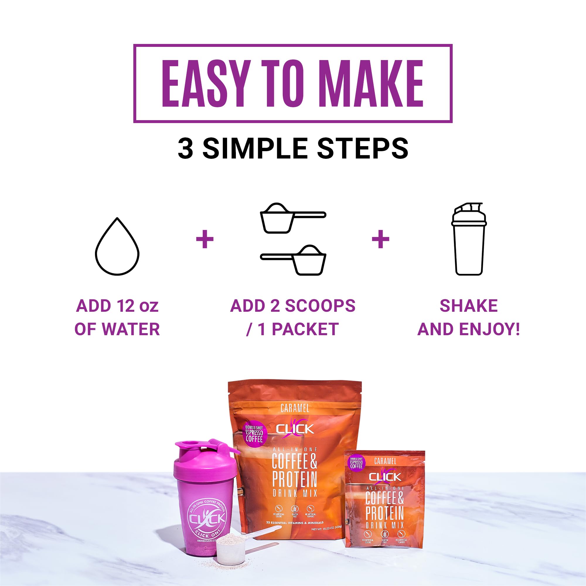 Click Coffee Protein Powder poured into smoothie tumbler for a meal replacement