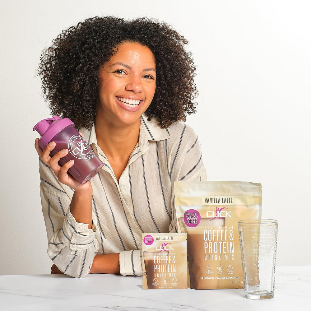 Click Coffee Protein Powder vanilla flavor packet highlights tasty, low-calorie meal option
