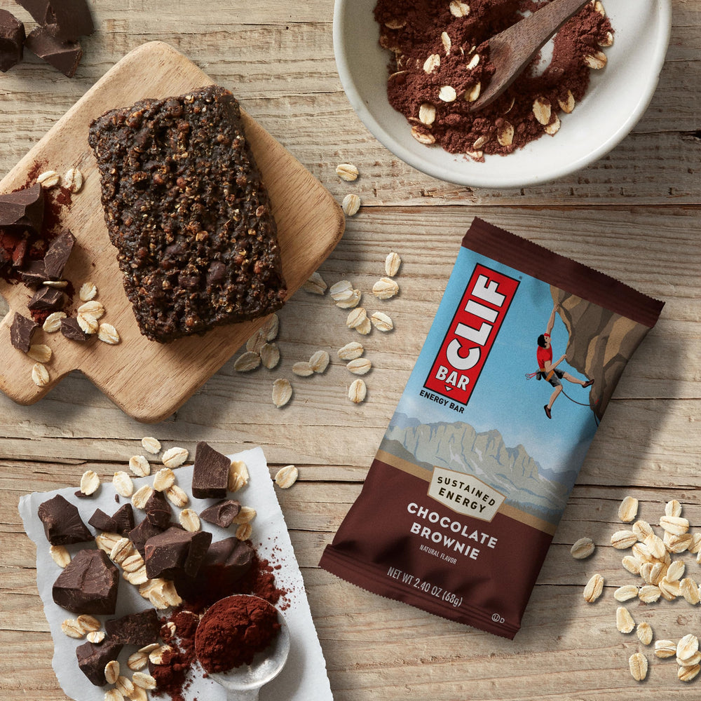CLIF Bar Chocolate Brownie in backpack for on-the-go fuel.