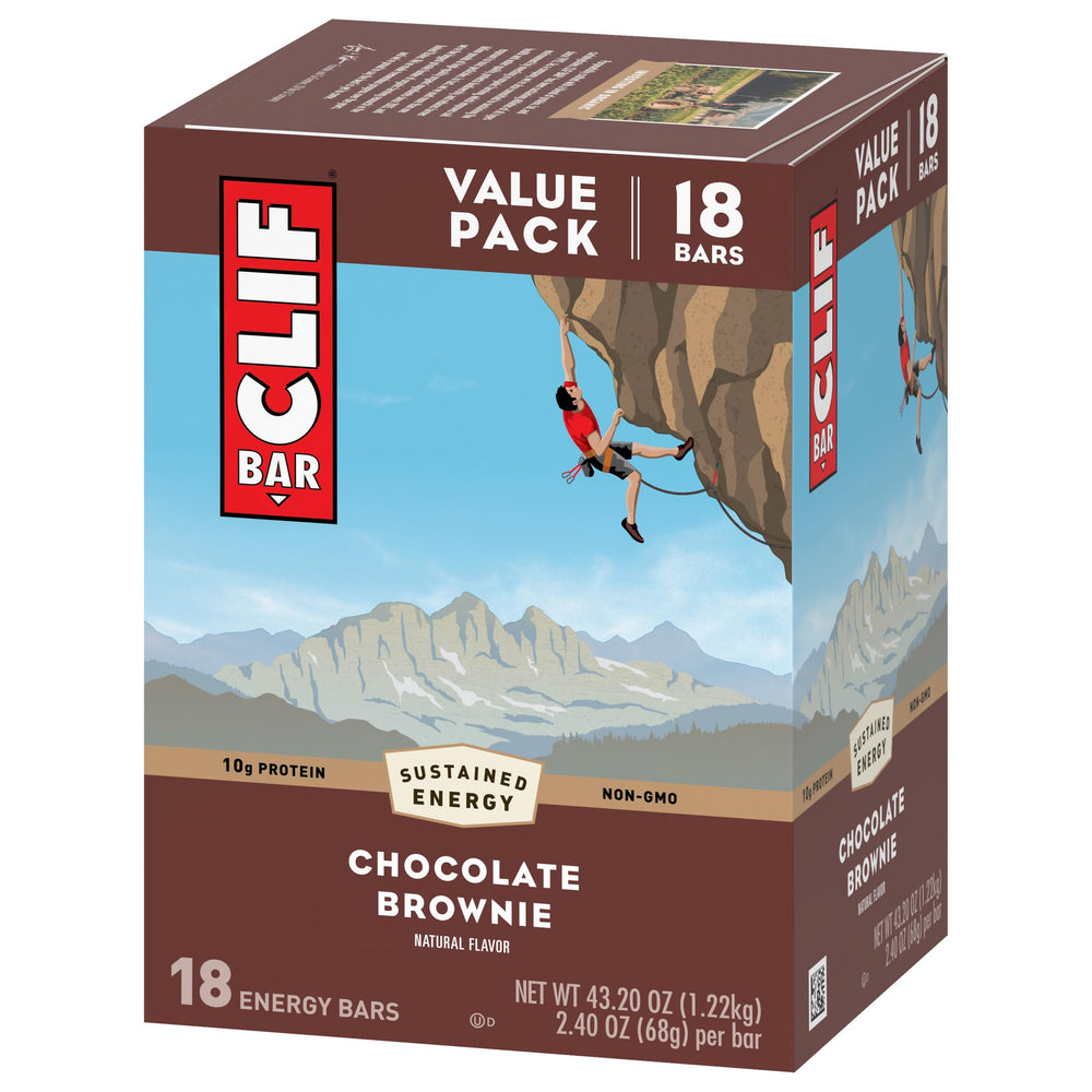 CLIF Bar Chocolate Brownie bar, tasty plant-based energy for active days.