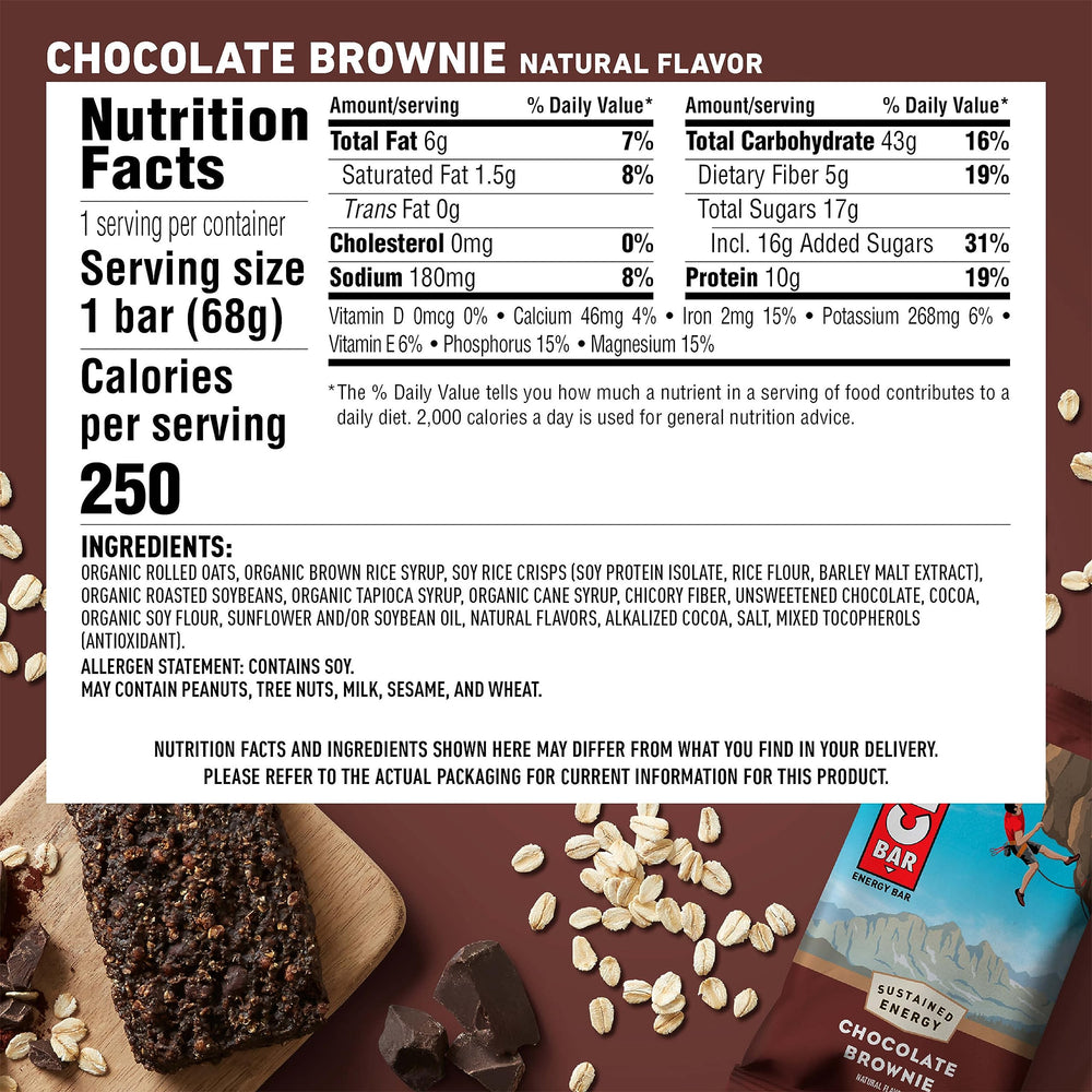 CLIF Bar Chocolate Brownie pack, convenient 18-pack for workouts.