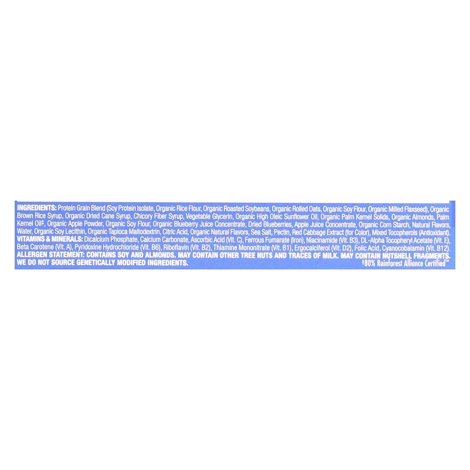 Clif Bar Luna Bar Blueberry Bliss ingredients list showing organic components.