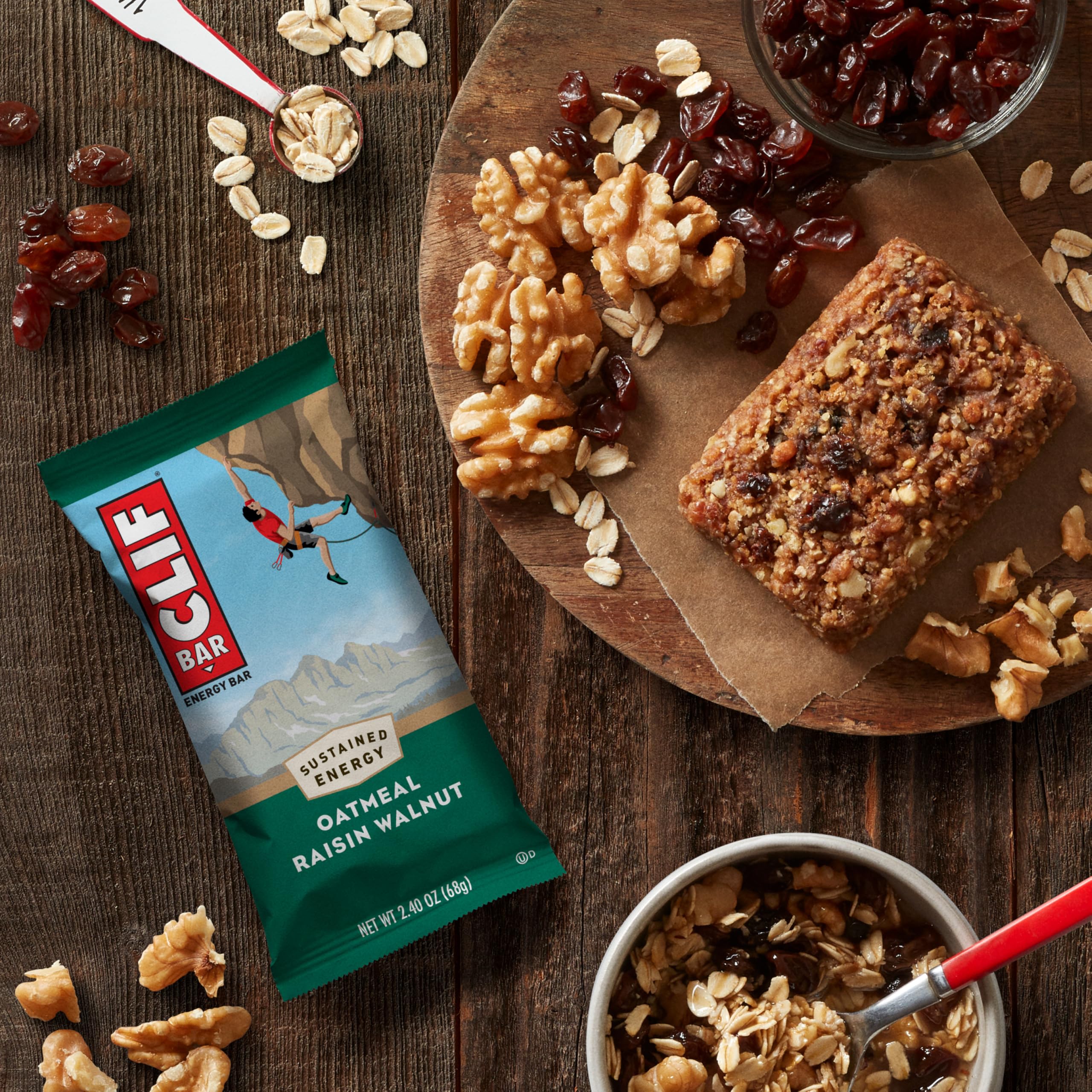 CLIF BAR packaging pictured on a hiking trail for portable energy.